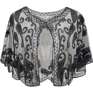 🆕 Women Black Sequin Beaded Evening Cape Bridal Shawl Bolero Flapper Cover Up
